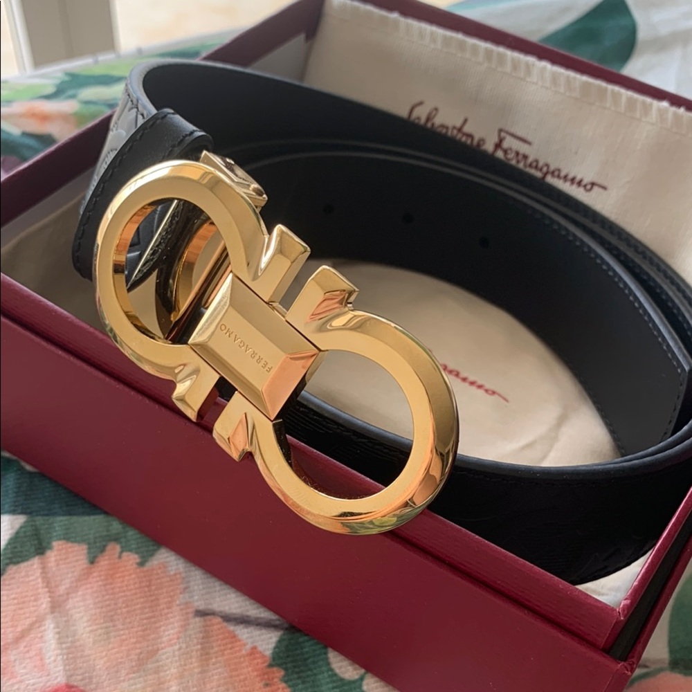 Salvatore Ferragamo Black Belt with Gold Buckle